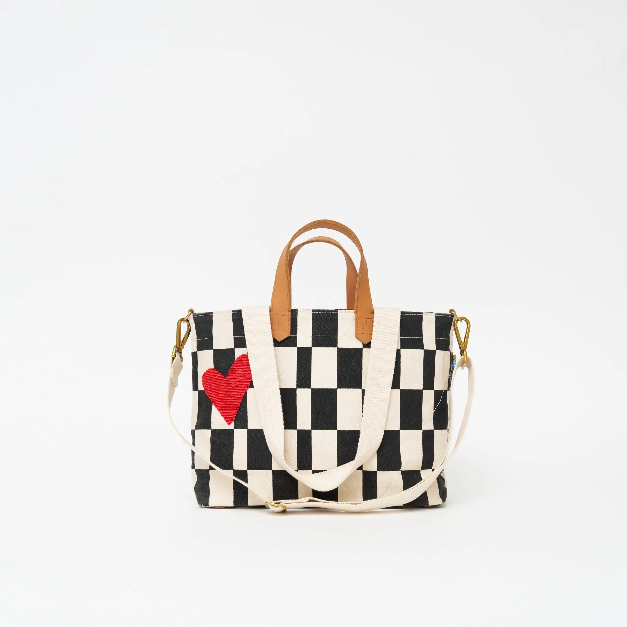 Commuter Bag - Black Checker with Red Beaded Heart