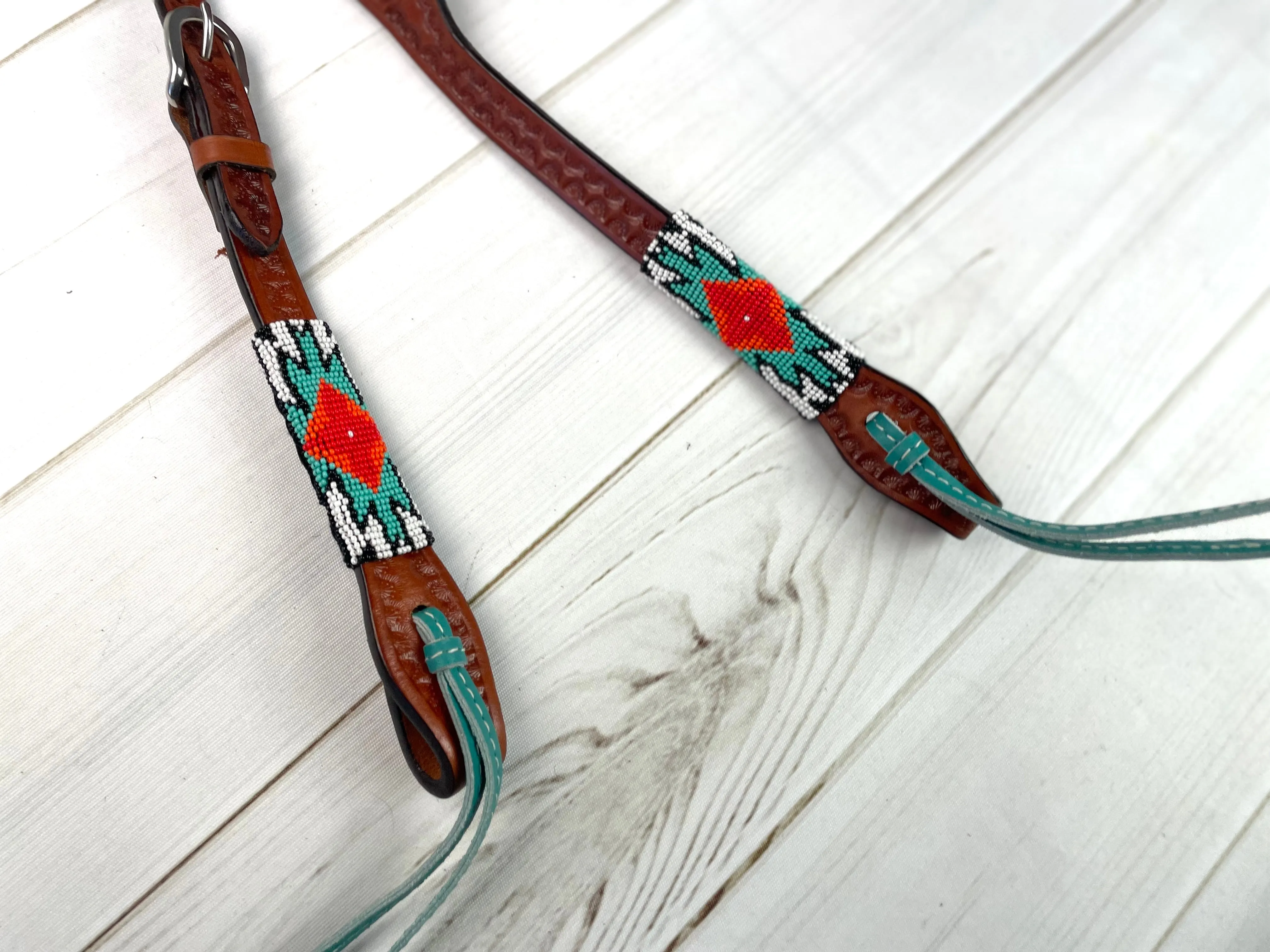 Coral and Turquoise Beaded Split Ear Leather Headstall