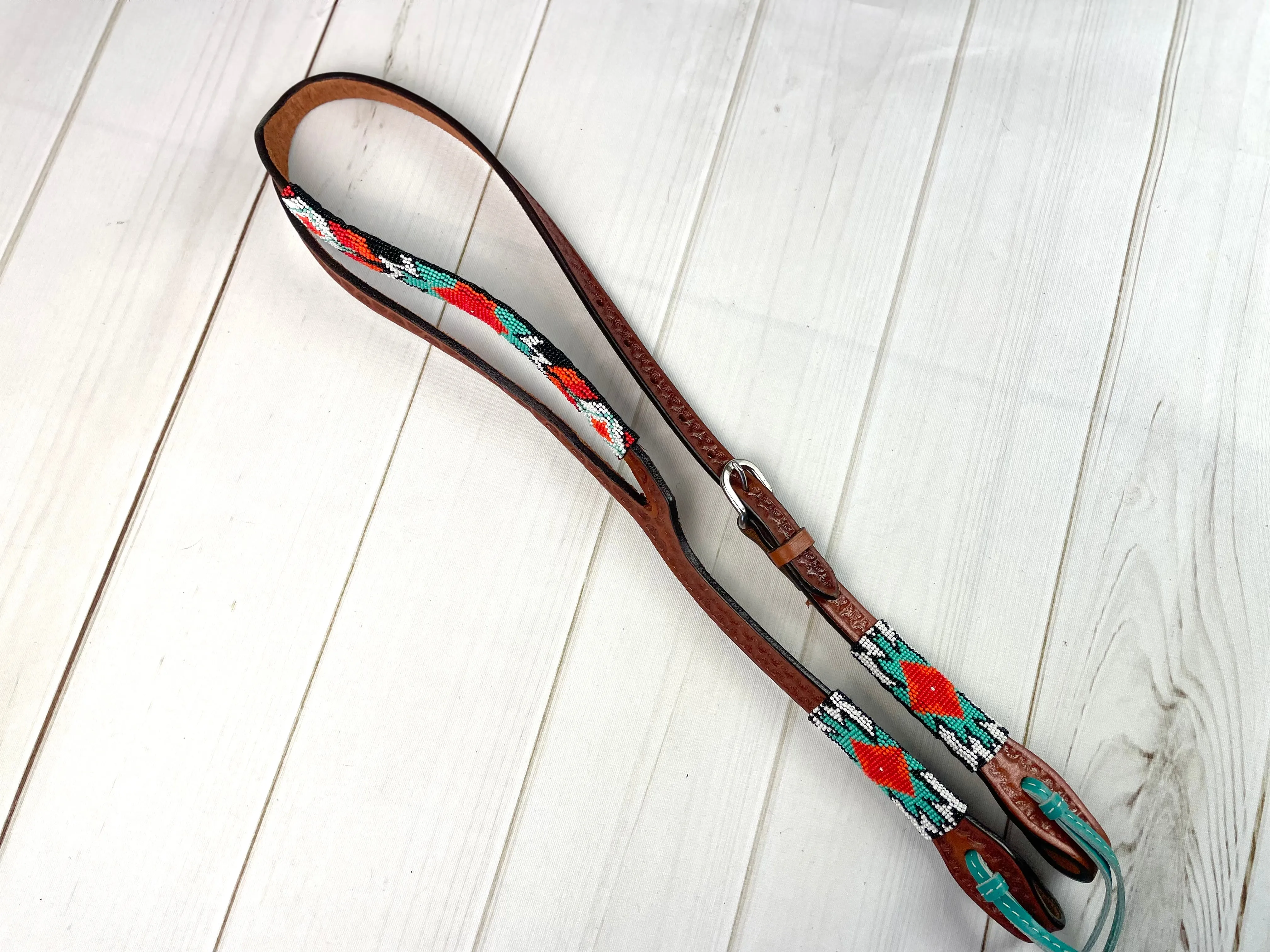 Coral and Turquoise Beaded Split Ear Leather Headstall