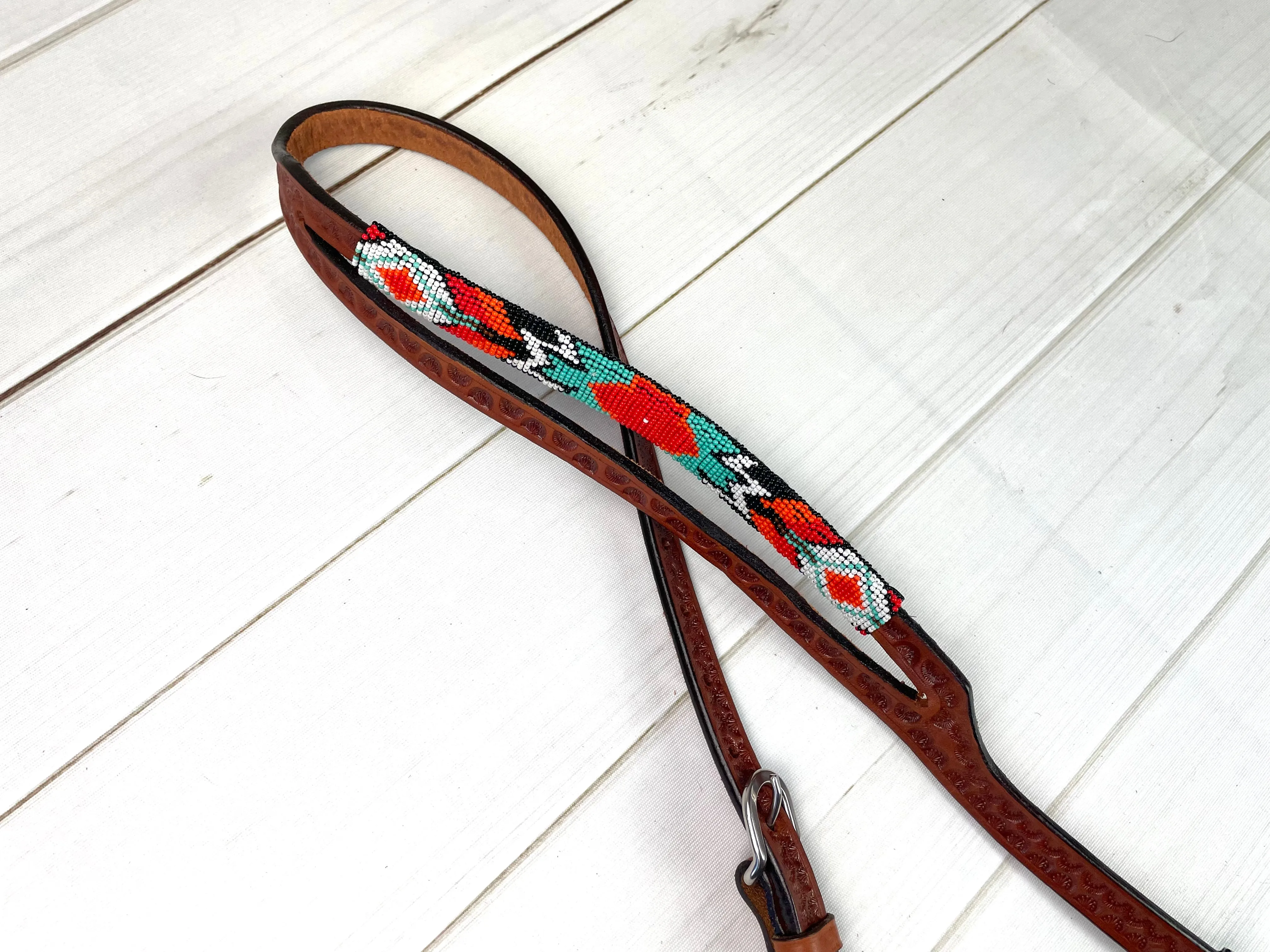 Coral and Turquoise Beaded Split Ear Leather Headstall