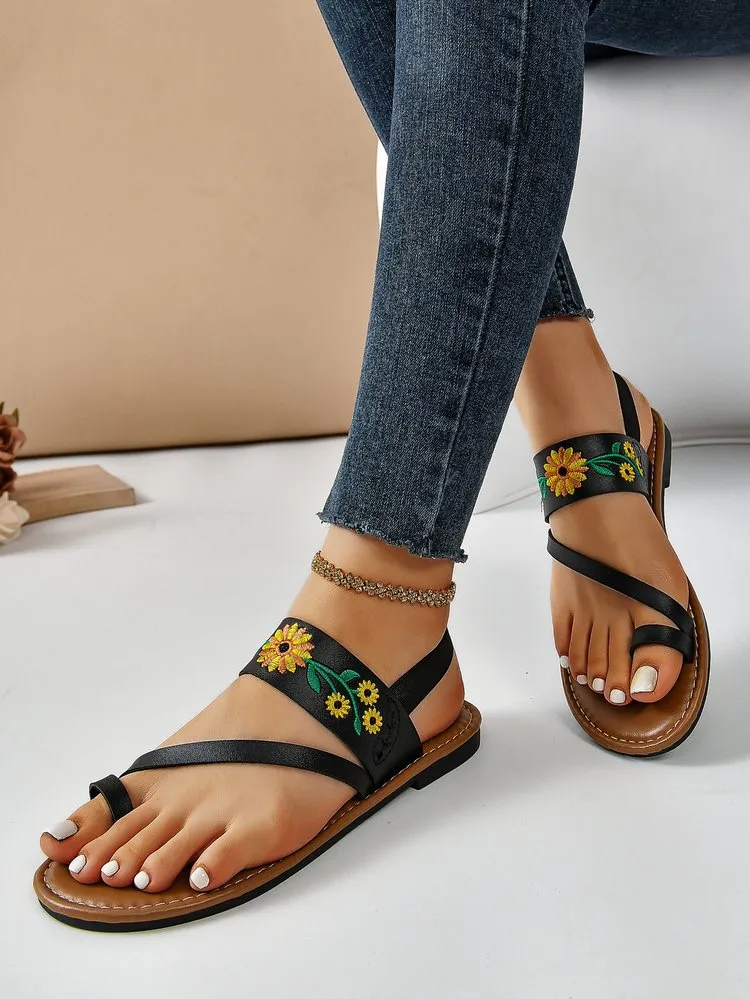 Creamtopmall Embroidered flat slingback sandals