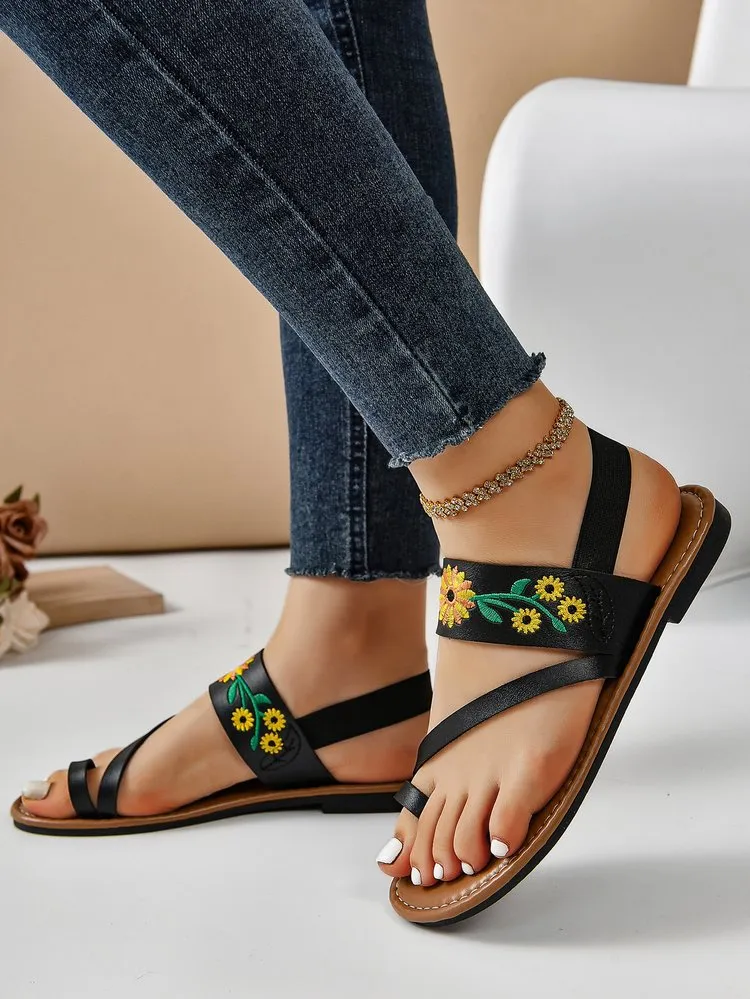 Creamtopmall Embroidered flat slingback sandals
