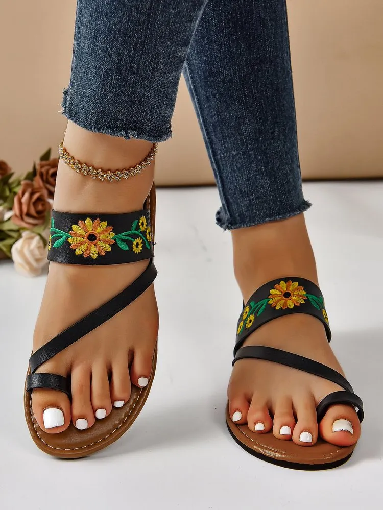 Creamtopmall Embroidered flat slingback sandals