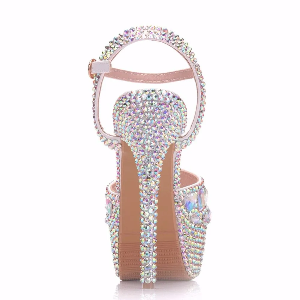 Crystal Queen Diamond Women Super High Heel Wedding Pumps 14cm Peep Shoes  Platform 4CM Crystal Wristband Colorful Thin Heels