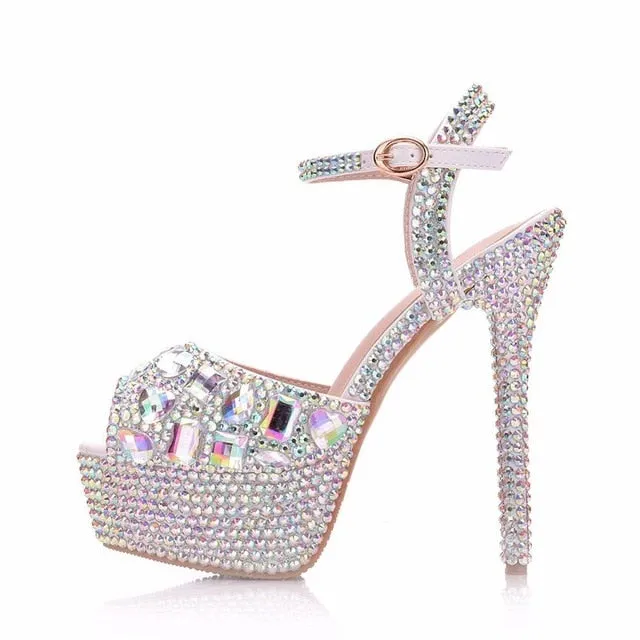 Crystal Queen Diamond Women Super High Heel Wedding Pumps 14cm Peep Shoes  Platform 4CM Crystal Wristband Colorful Thin Heels