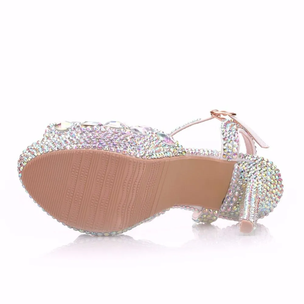 Crystal Queen Diamond Women Super High Heel Wedding Pumps 14cm Peep Shoes  Platform 4CM Crystal Wristband Colorful Thin Heels