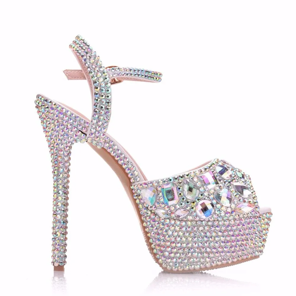 Crystal Queen Diamond Women Super High Heel Wedding Pumps 14cm Peep Shoes  Platform 4CM Crystal Wristband Colorful Thin Heels