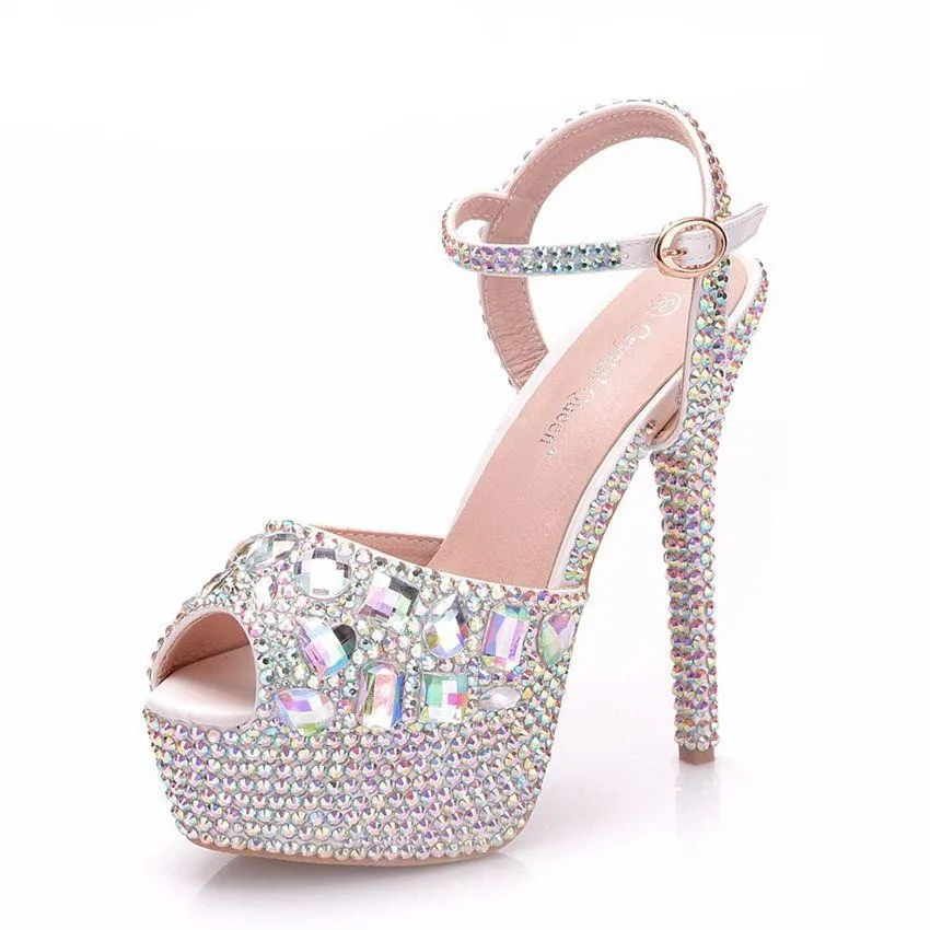Crystal Queen Diamond Women Super High Heel Wedding Pumps 14cm Peep Shoes  Platform 4CM Crystal Wristband Colorful Thin Heels