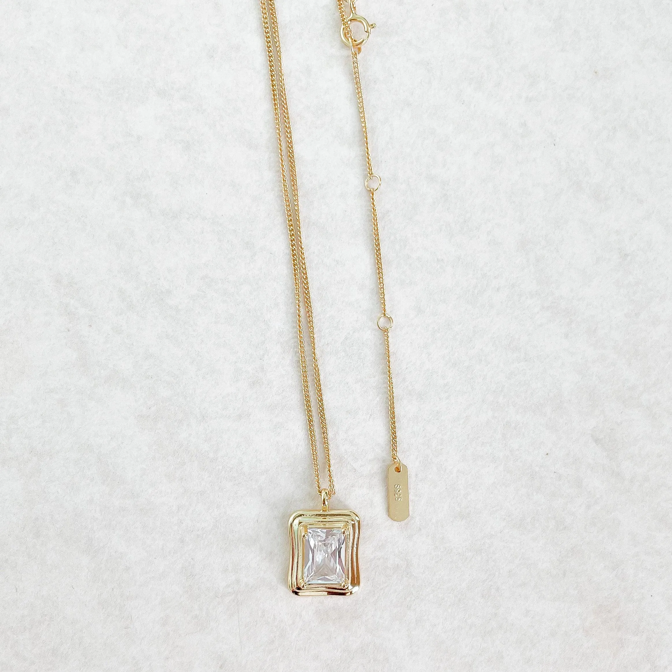 Cubic Zirconia Rectangle Pendant Necklace | Sterling Silver & Gold