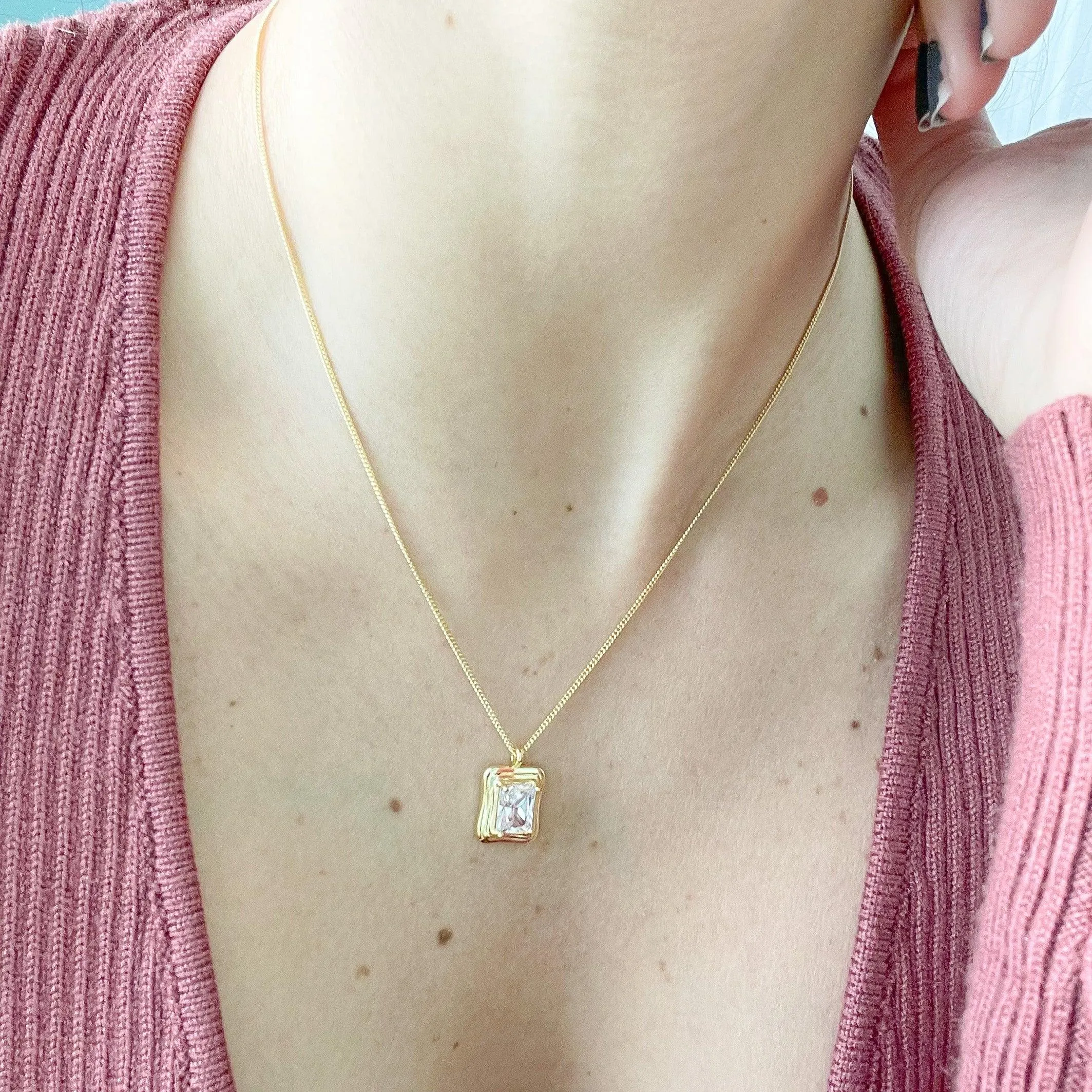 Cubic Zirconia Rectangle Pendant Necklace | Sterling Silver & Gold
