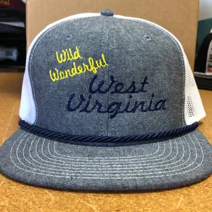Custom Wild Wonderful West Virginia Embroidered Vintage Gray Denim Like Mesh SnapBack Hat Cap With Rope
