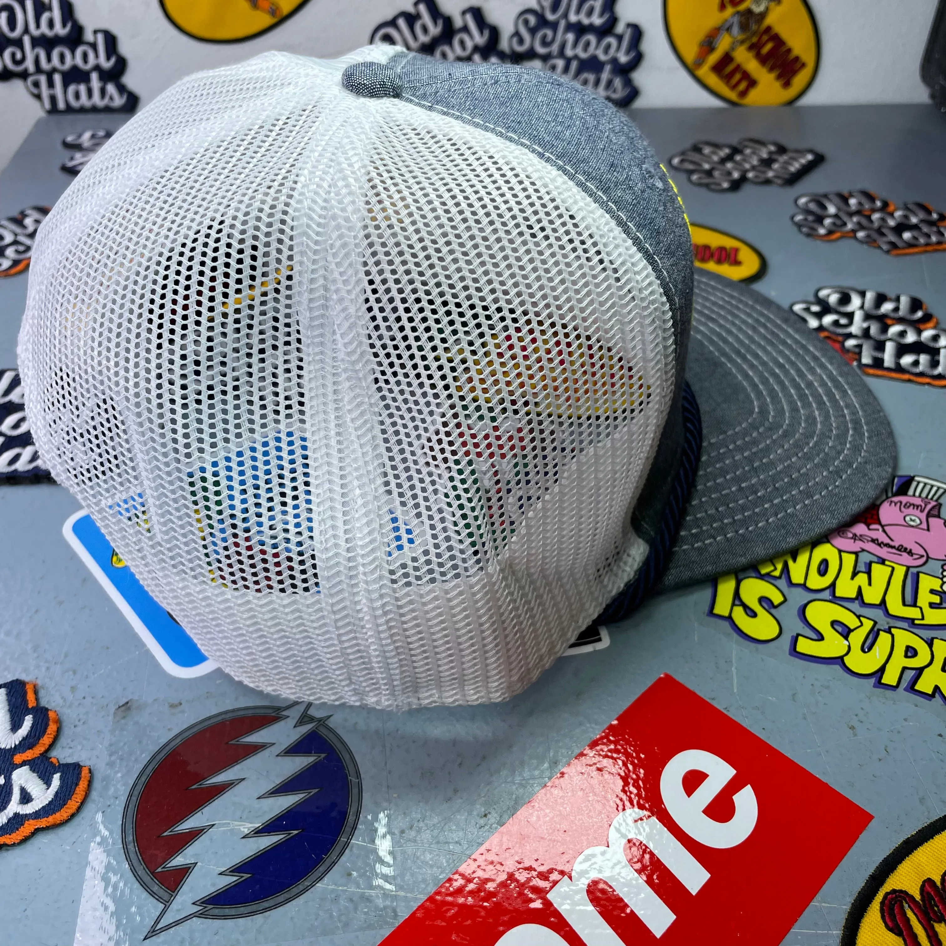 Custom Wild Wonderful West Virginia Embroidered Vintage Gray Denim Like Mesh SnapBack Hat Cap With Rope