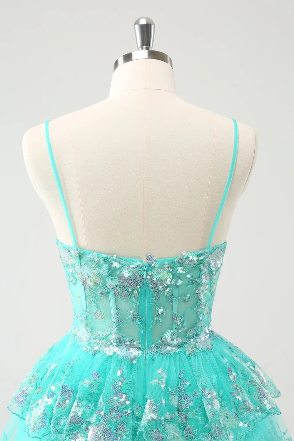 Cute Sparkly Green A Line Spaghetti Straps Corset Tiered Short Homecoming Dress