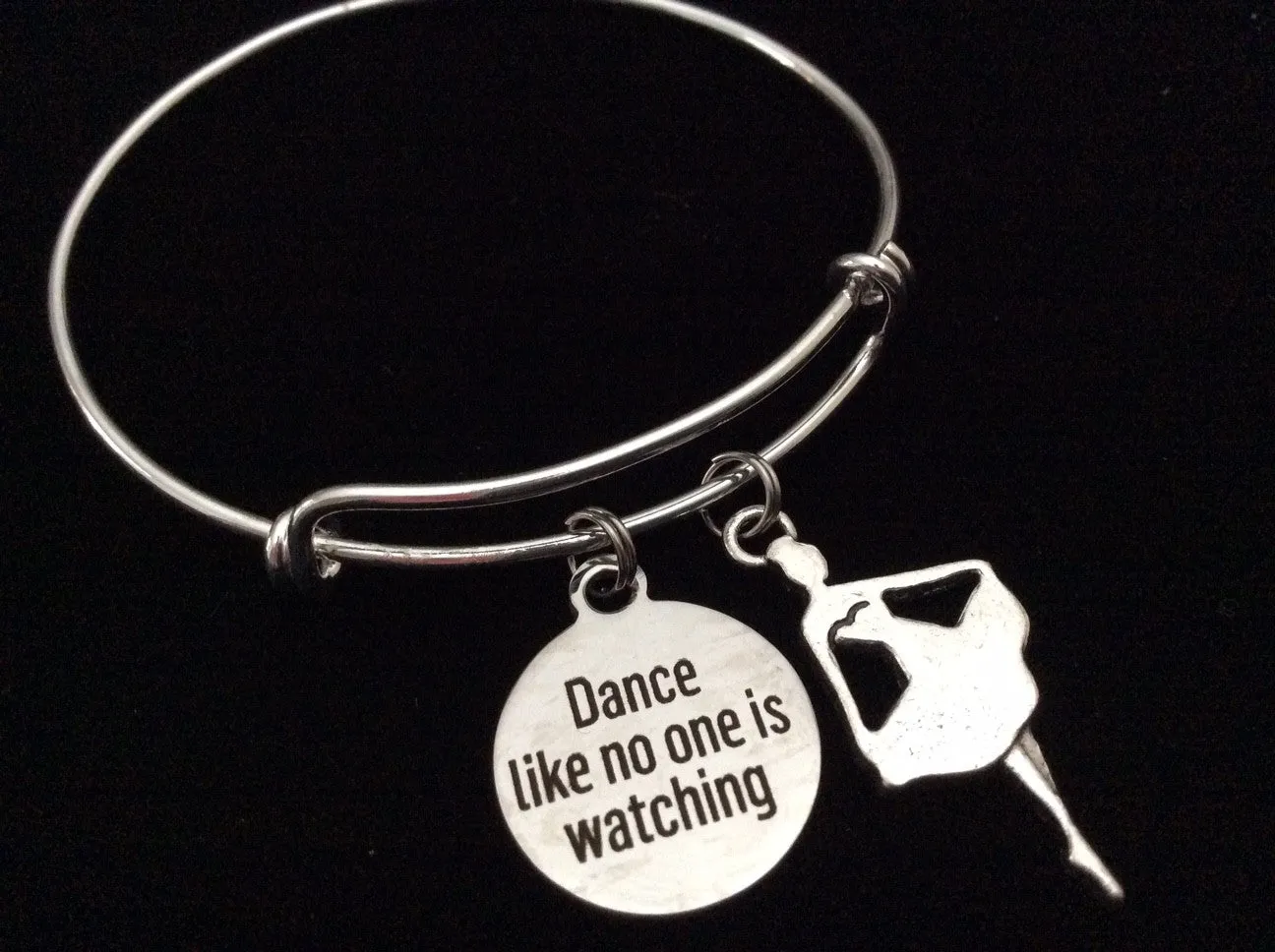 Dance Like No One is Watching Stamped Charm Silver Expandable Wire Bangle Bracelet Dancer Ballet Teacher Gift