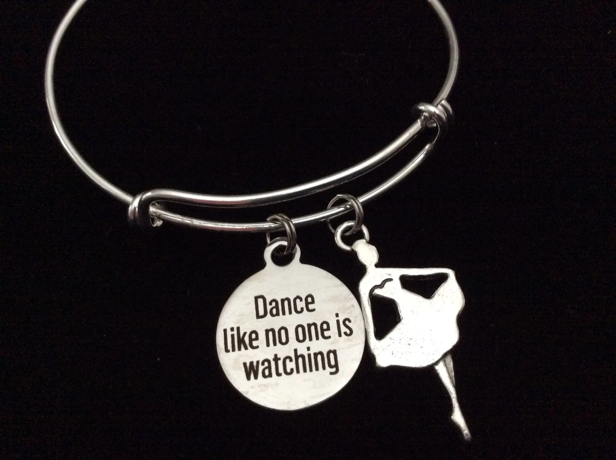 Dance Like No One is Watching Stamped Charm Silver Expandable Wire Bangle Bracelet Dancer Ballet Teacher Gift