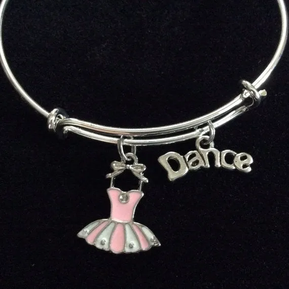 Dance with Pink Tutu on a Silver Adjustable Bangle Charm Bracelet Ballet (Kid's Size Available upon request)