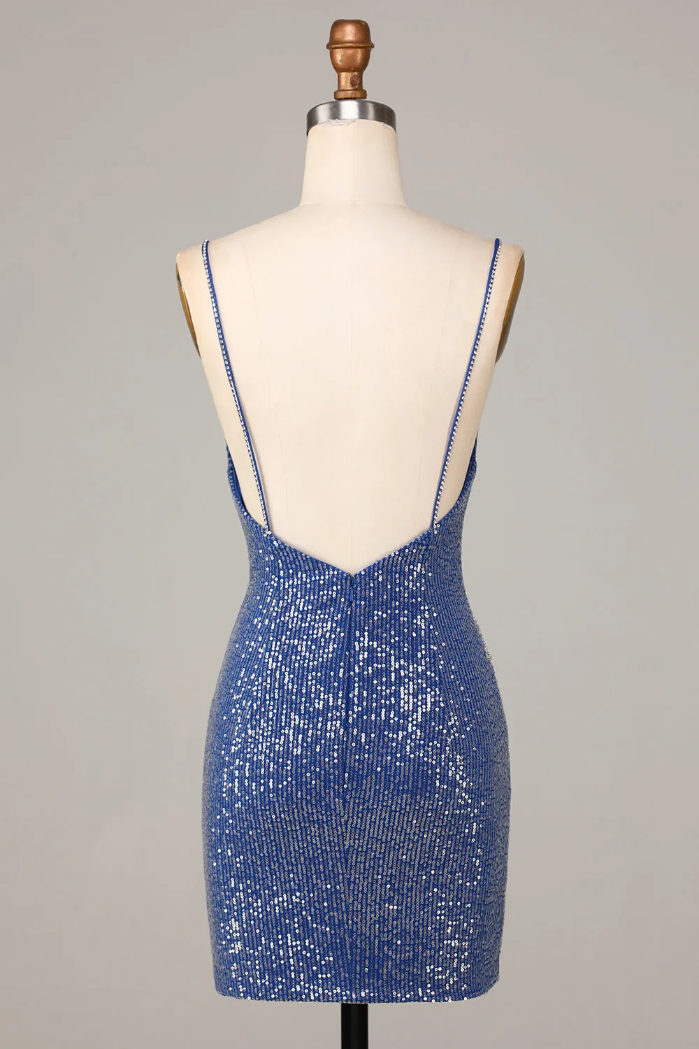 Dark Blue Sparkly Sheath Spaghetti Straps Short Homecoming Dress with Sequins