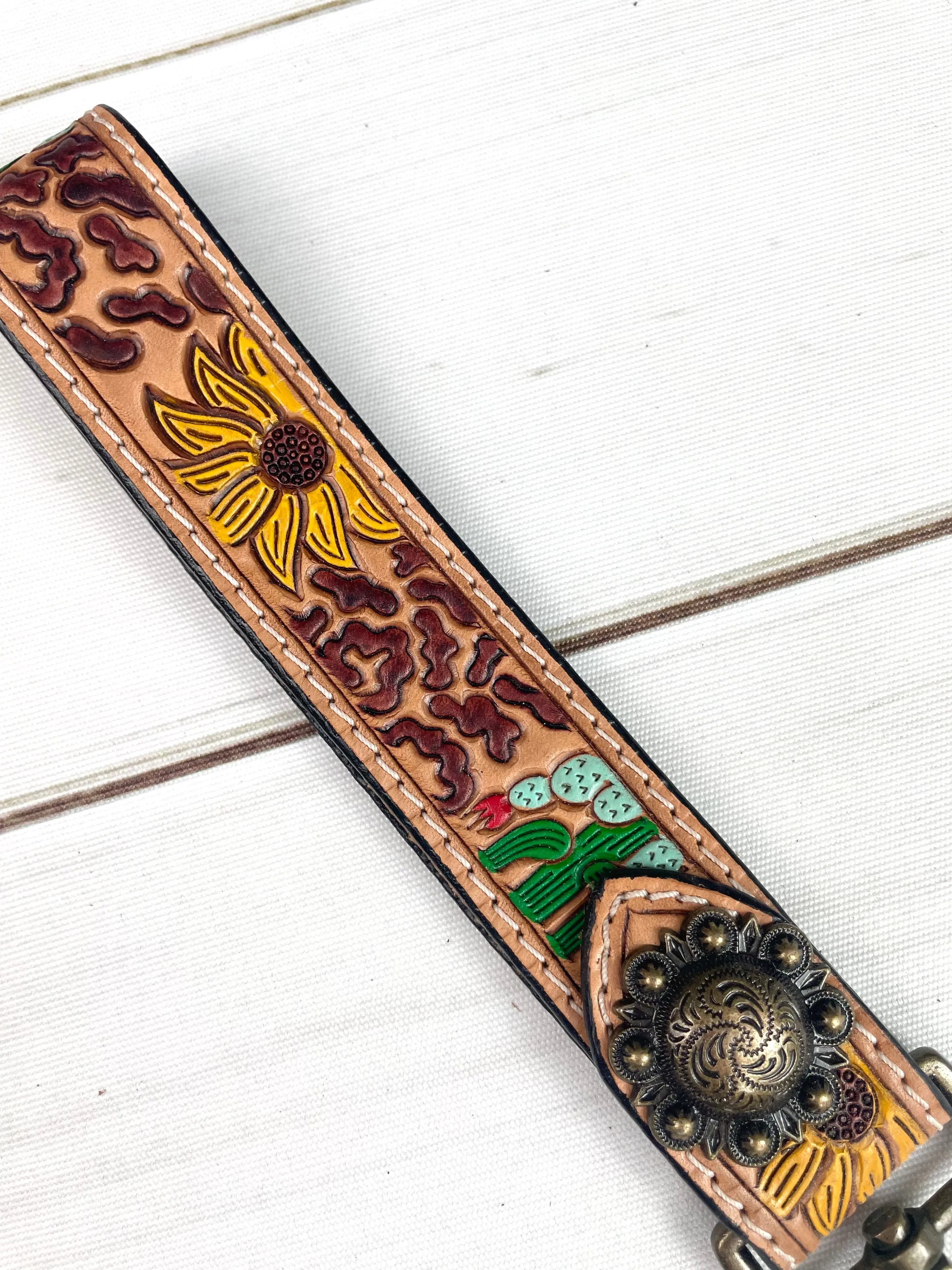 Desert Leopard Tooled Wristlet Leather Keychain