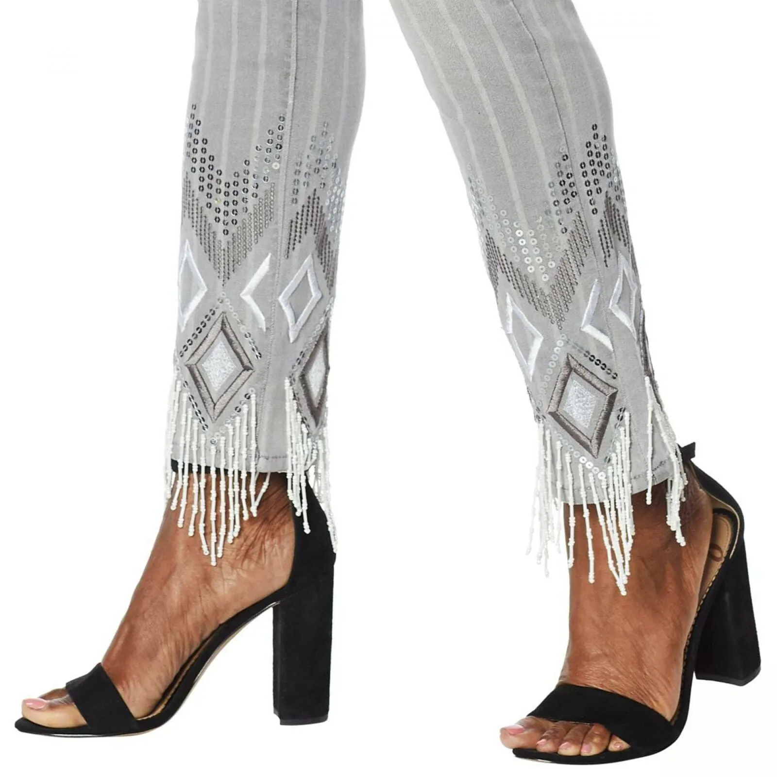 DG2 by Diane Gilman Women's Classic Stretch Embroidered Jean With Bead Fringe