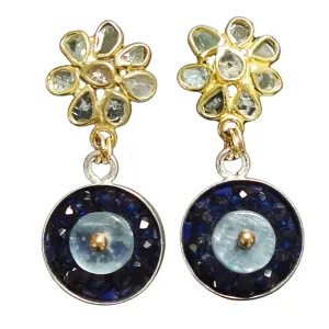 Diamond slice in gold   kyanite/sapphire mosaic earrings