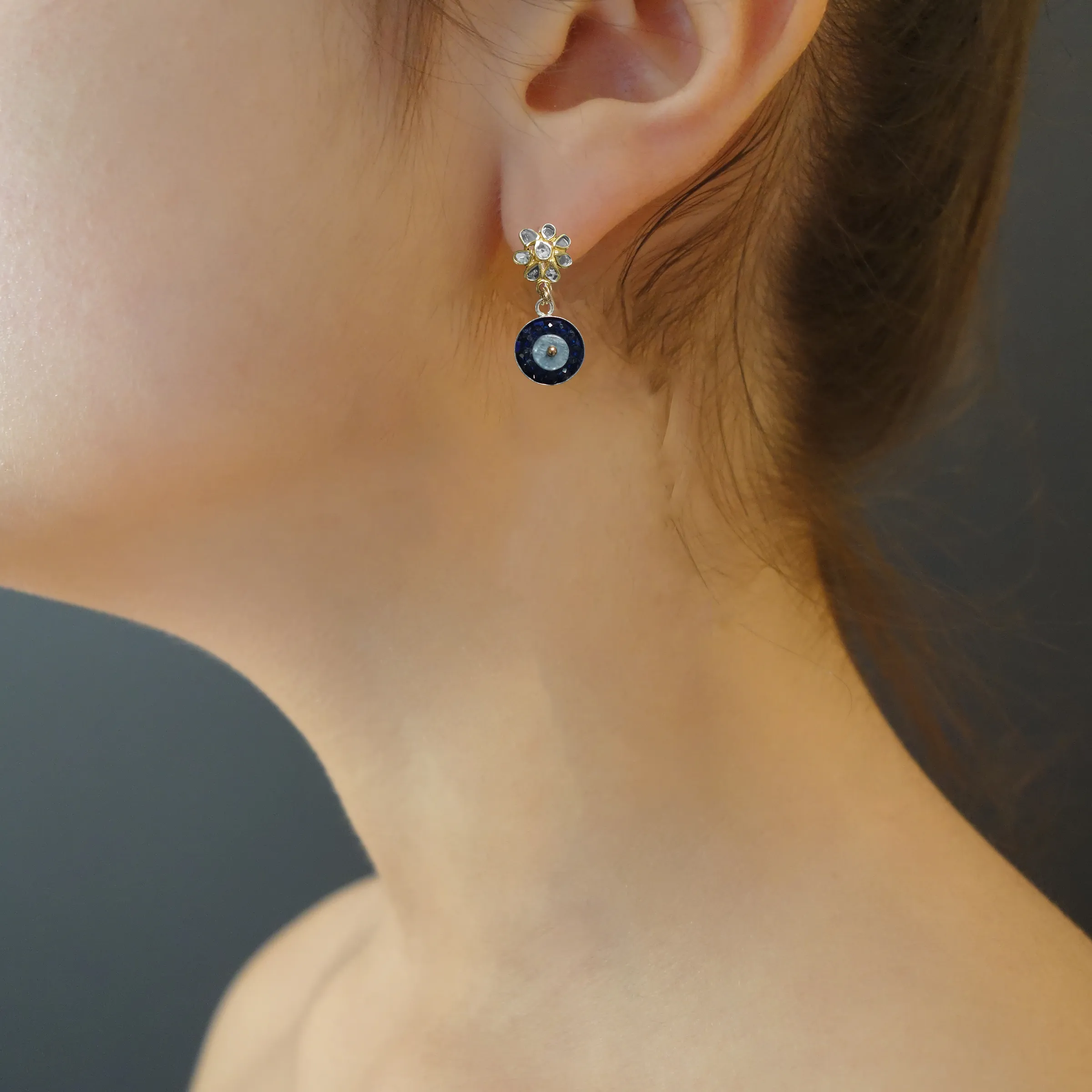 Diamond slice in gold   kyanite/sapphire mosaic earrings