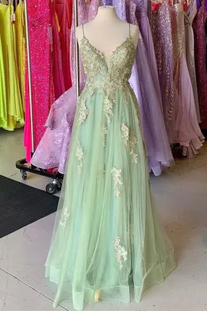 Dusty Sage V Neck Straps Beaded Appliques Keyhole Long Prom Dress with Slit