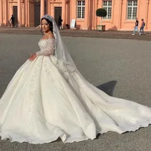 Elegant Off The Shoulder Bridal Dress Sparkly Sequins Beads Wedding Gown