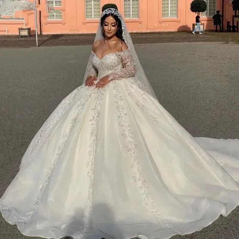 Elegant Off The Shoulder Bridal Dress Sparkly Sequins Beads Wedding Gown