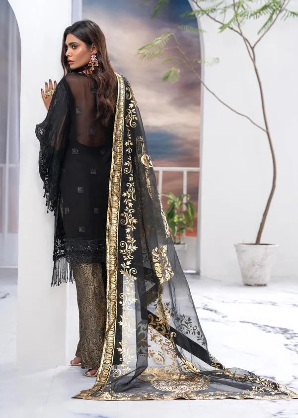 Elegant Pakistani Black Suit With Organza Printed Dupatta # CA136