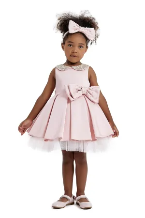 Embroidered Round Collar Baby Pink Satin Dress