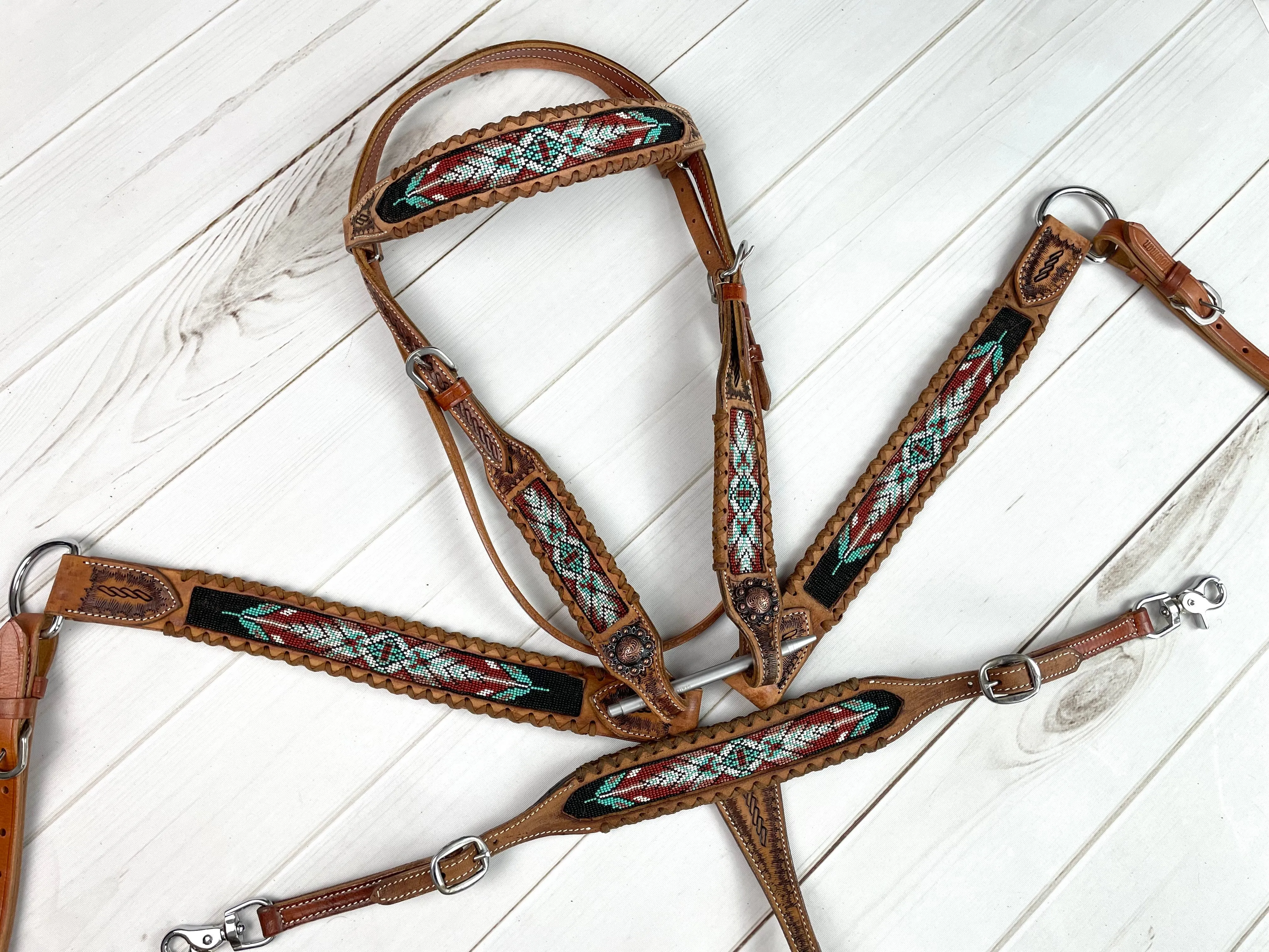 Feather Beaded Tack Set with leather Whipstitch
