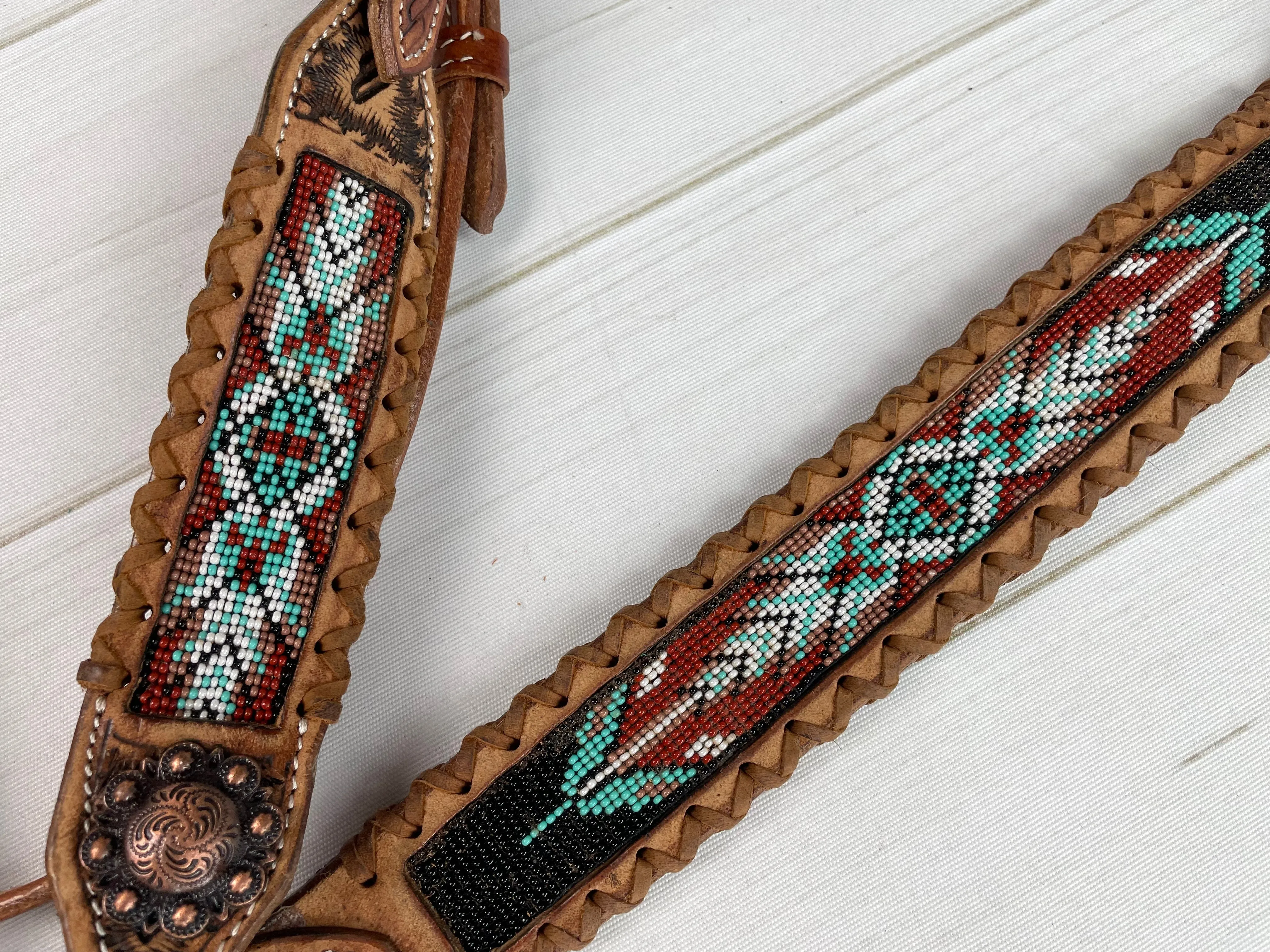 Feather Beaded Tack Set with leather Whipstitch