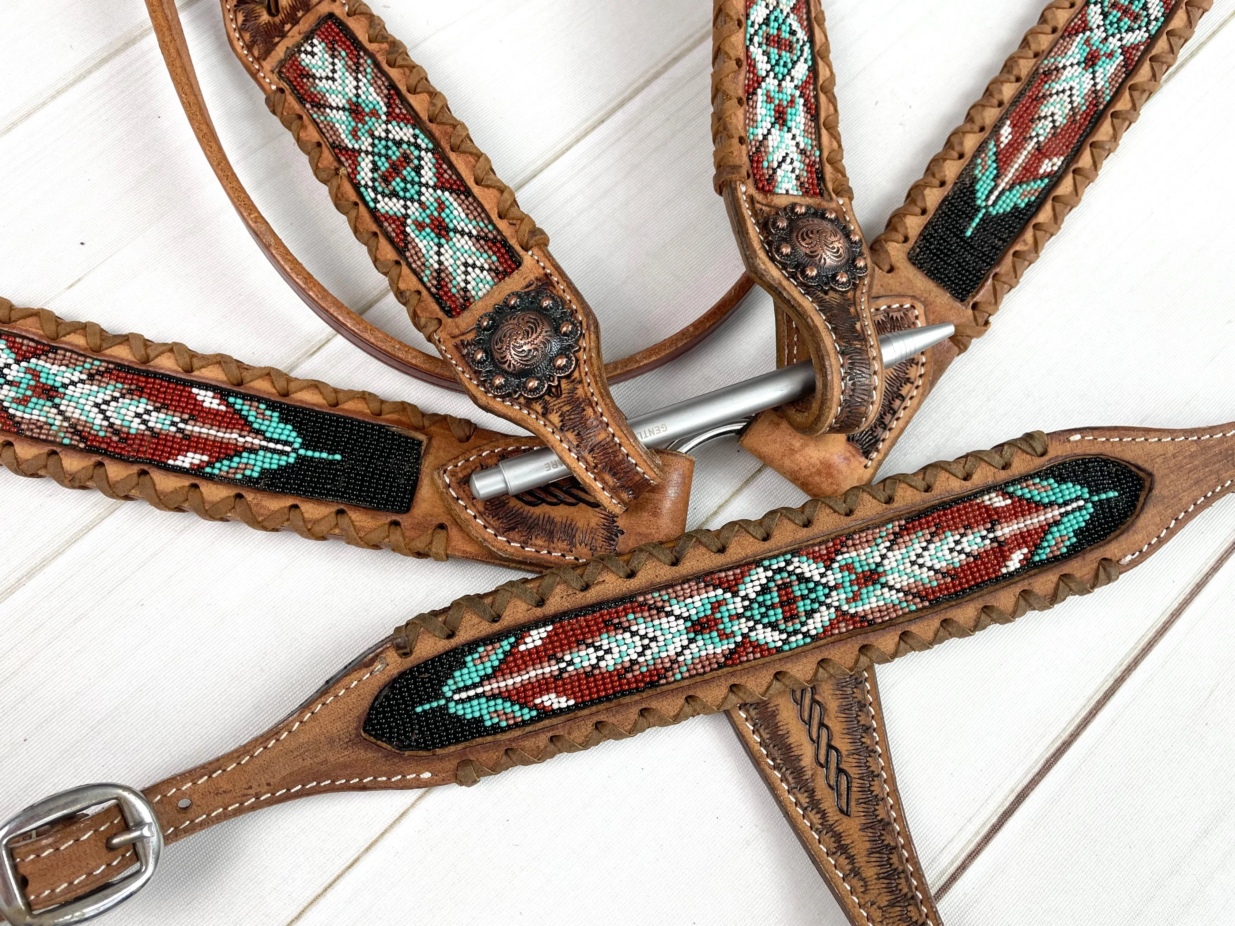 Feather Beaded Tack Set with leather Whipstitch