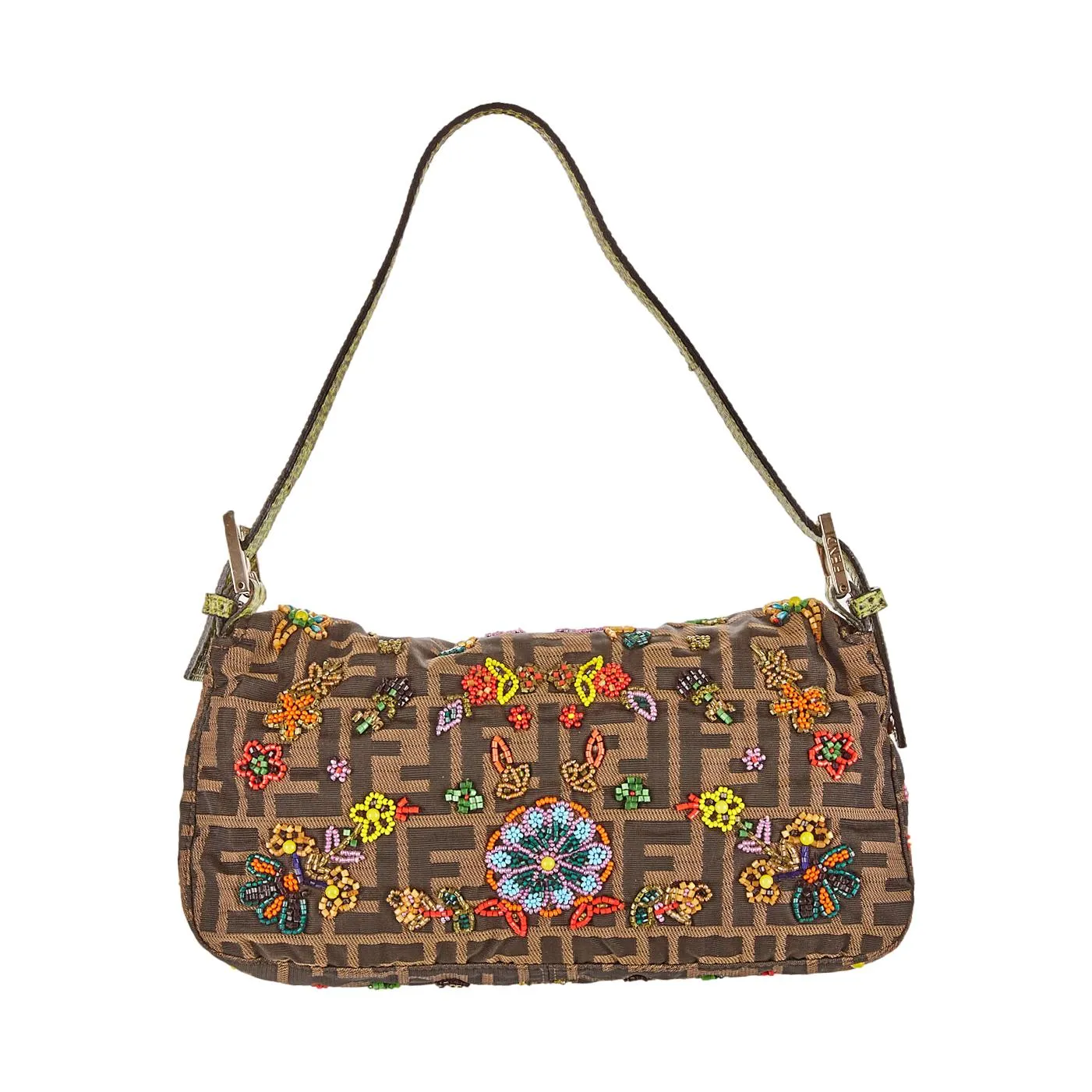 Fendi Brown Logo Beaded Baguette
