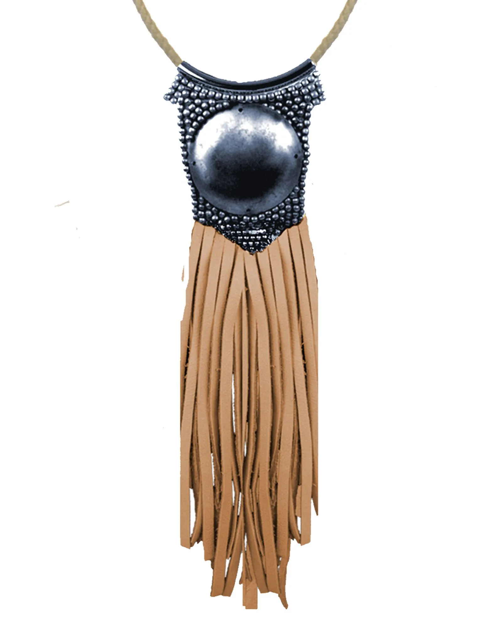 Fiona Paxton Light Beaded Statement Pendant Necklace w/ Leather Fringe