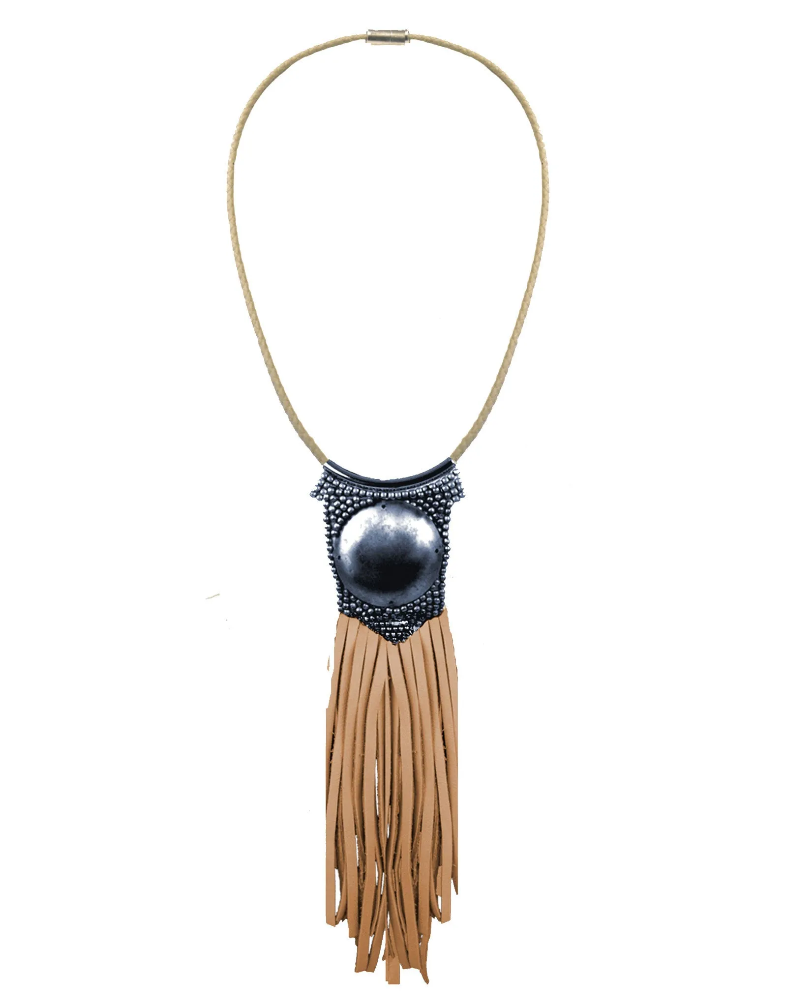 Fiona Paxton Light Beaded Statement Pendant Necklace w/ Leather Fringe