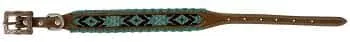 Genuine leather dog collar ith teal, white, and black navajo beaded inlay design, a rawhide wrapped edge