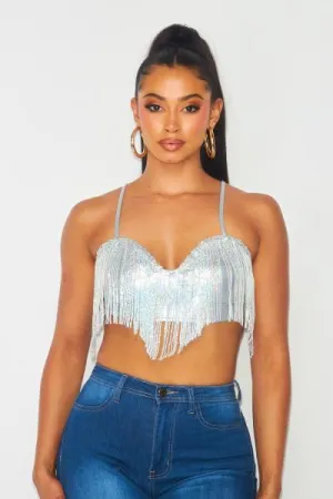 Giselle Metallic Sequin Fringe Pu Crop Bra Top - Silver -