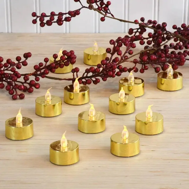 Gold LED Tea Lights with Red Berry Branches