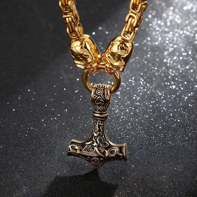 Gold Trimmed King Chain With Skull & Mjolnir Pendant