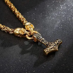 Gold Trimmed King Chain With Skull & Mjolnir Pendant