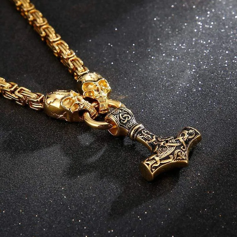 Gold Trimmed King Chain With Skull & Mjolnir Pendant
