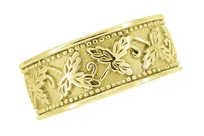 Grapes and Grape Leaves 8mm Wide Heavy Wedding Band in 14 Karat Yellow Gold