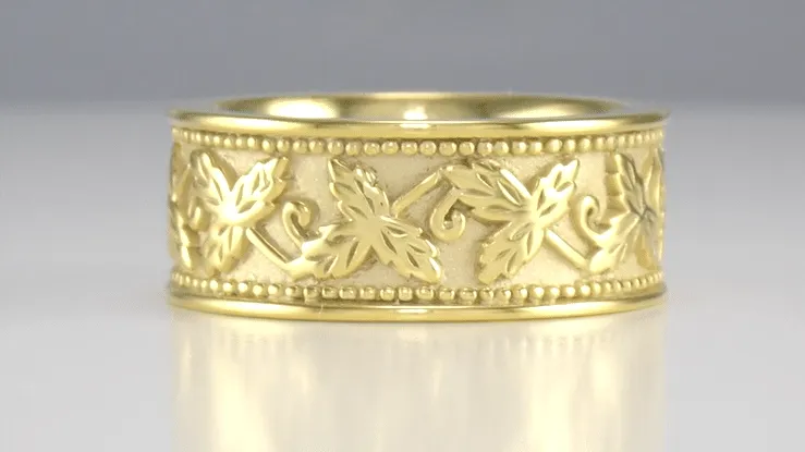 Grapes and Grape Leaves 8mm Wide Heavy Wedding Band in 14 Karat Yellow Gold