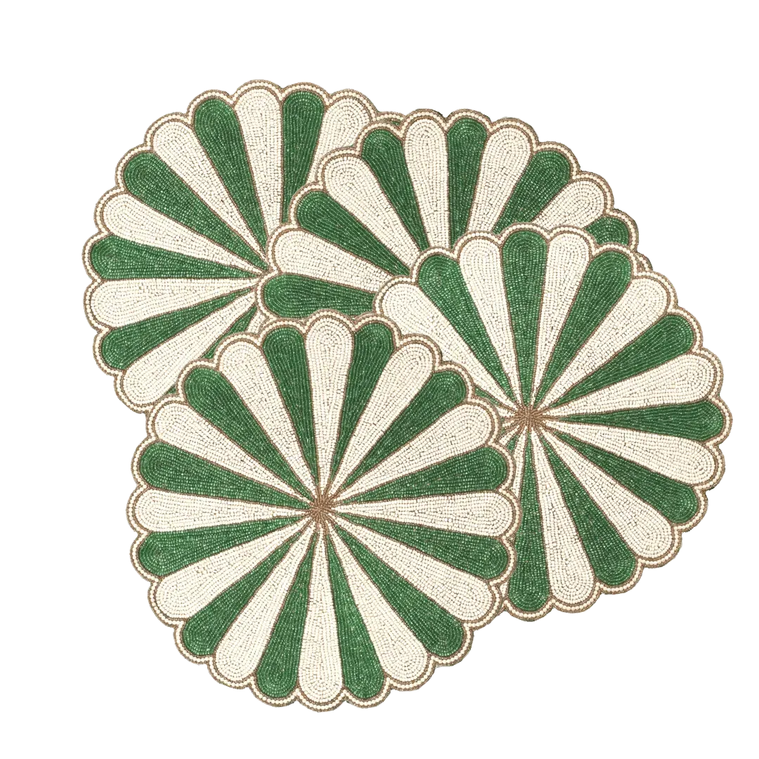 Green and White Beaded Scallop Round Placemats