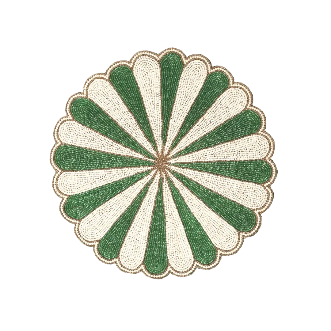Green and White Beaded Scallop Round Placemats
