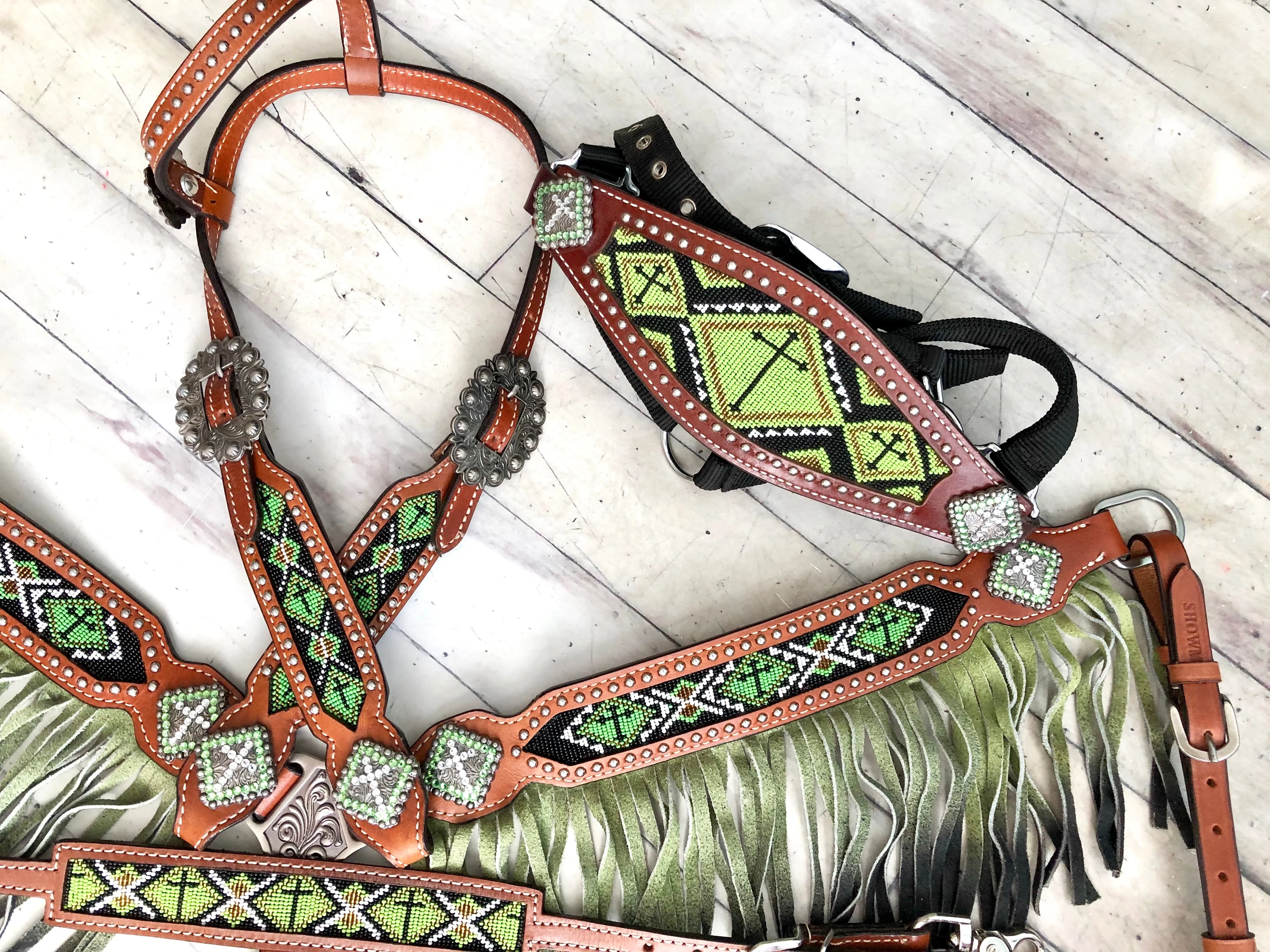 Green Ombre Fringe Beaded Tack Set
