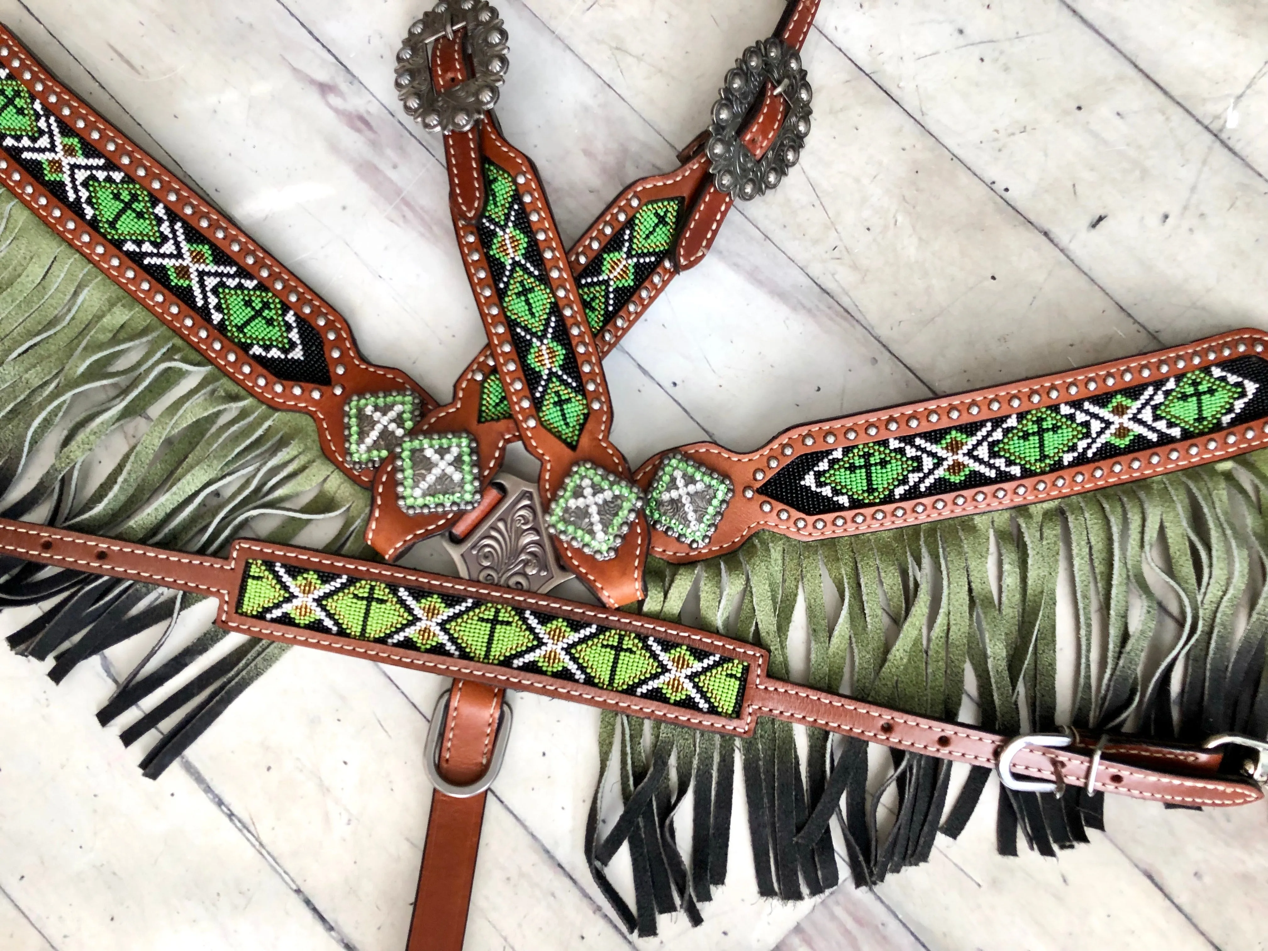 Green Ombre Fringe Beaded Tack Set