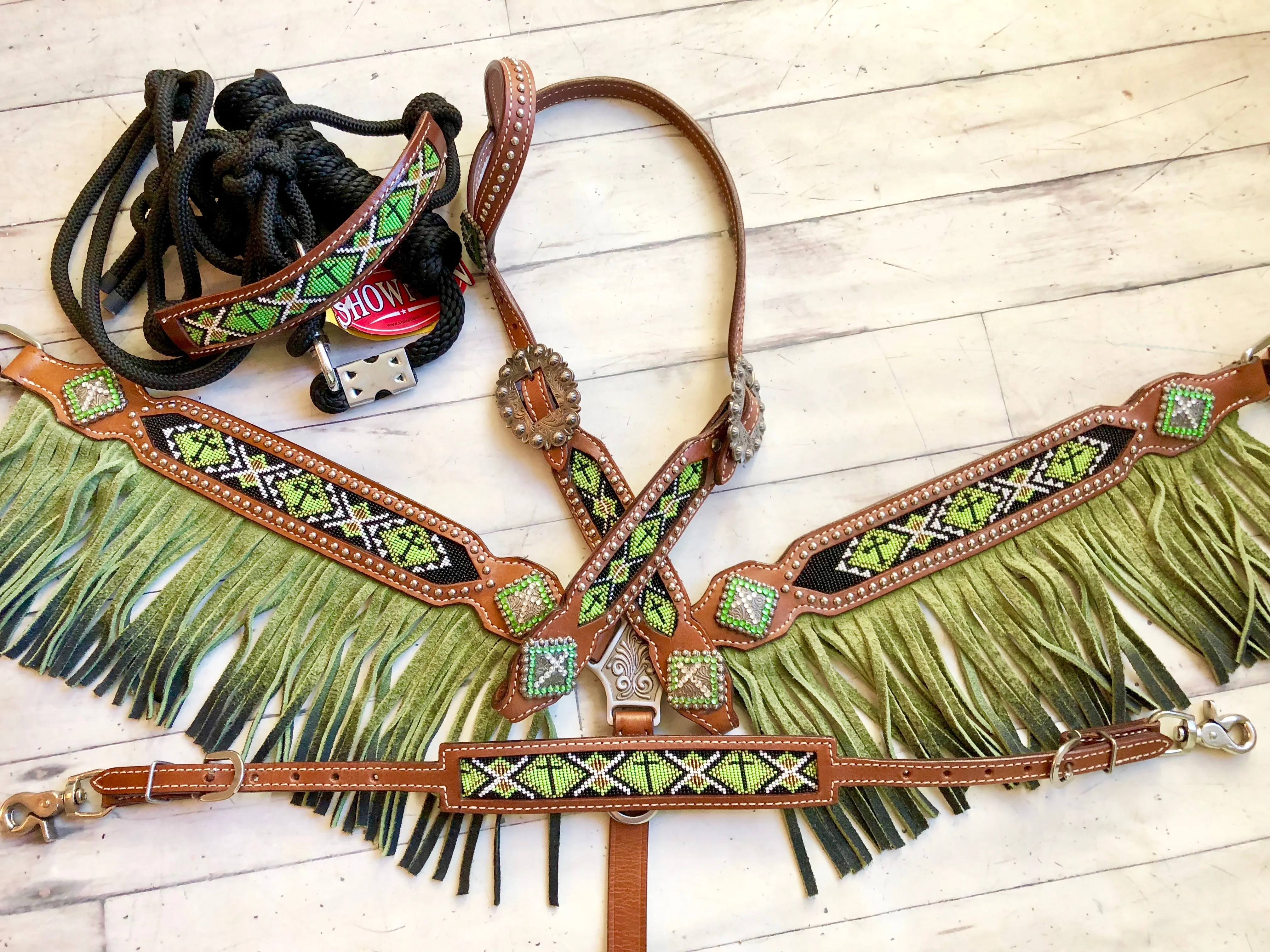 Green Ombre Fringe Beaded Tack Set