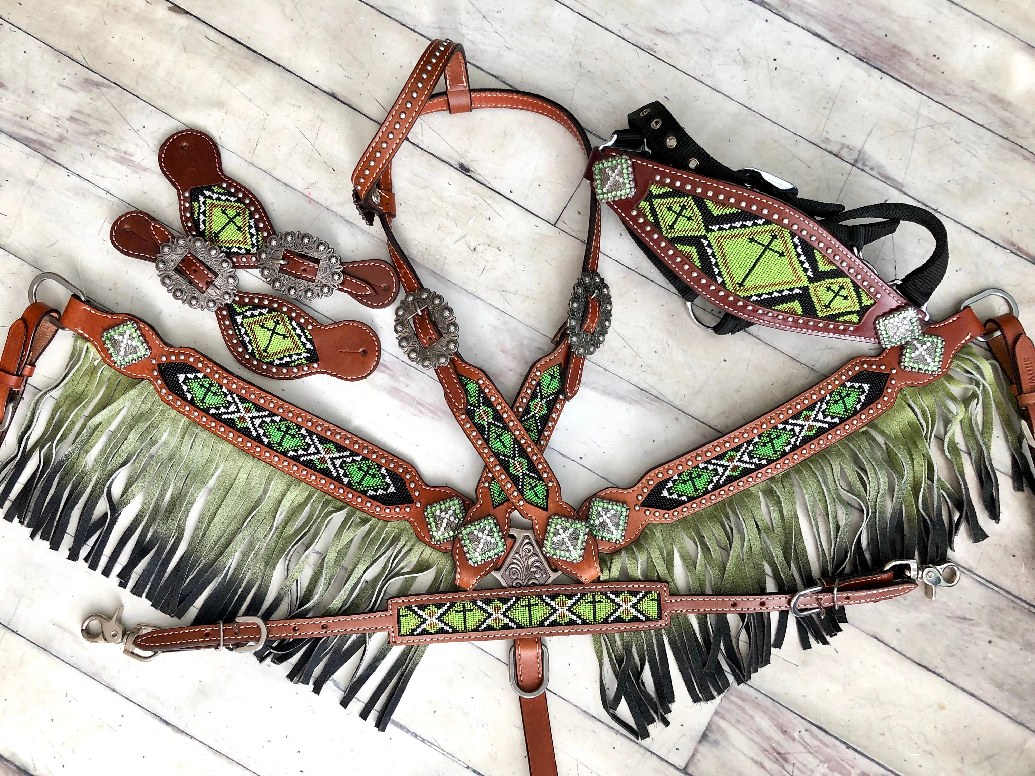 Green Ombre Fringe Beaded Tack Set